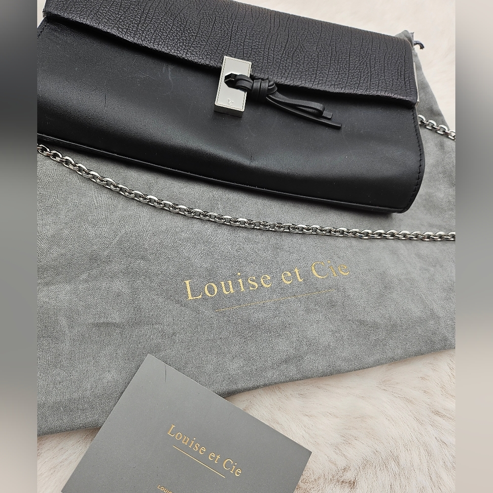 Louise et Cie Yvet‎ Black Leather Flap Clutch Purse Silver Chain Strap with Tag